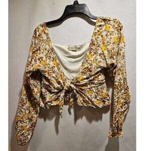 Altar'd State Floral Crop Top Tie Front Long Sleeve Women's Medium